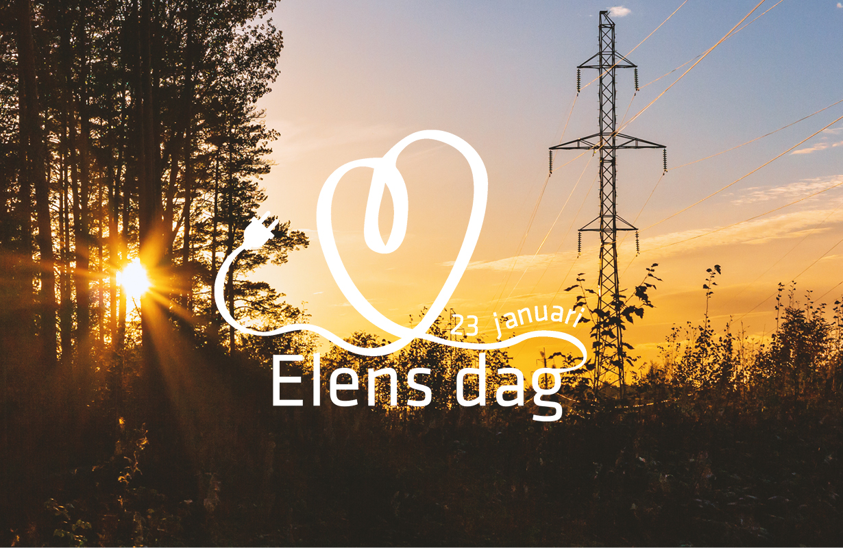 En luftledning med solen som går ner i bakgrunden tillsammans med loggan för elens dag.